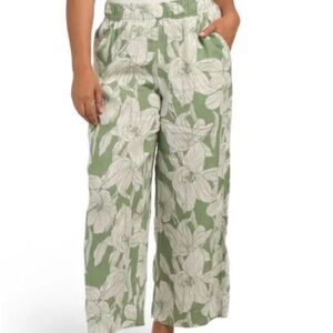 Tahari 100% Linen Wide Leg Floral Pants Green White Medium